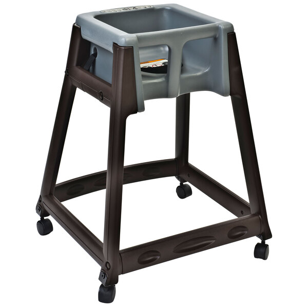 A Koala Kare brown plastic high chair with grey seat and casters.