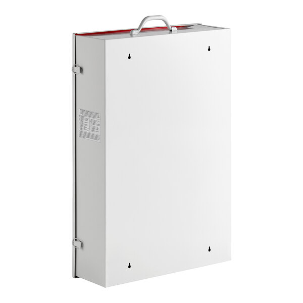 A large white metal first aid kit cabinet with a handle on top and mounting holes, designed for wall installation.
