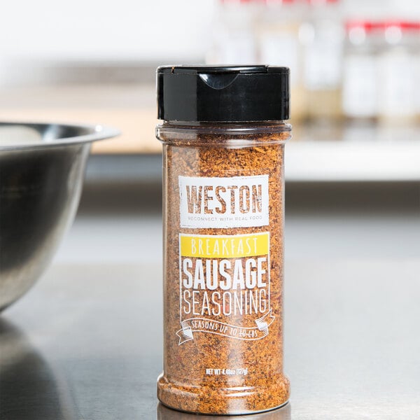 A jar of Weston Breakfast Sausage Dry Seasoning on a table.