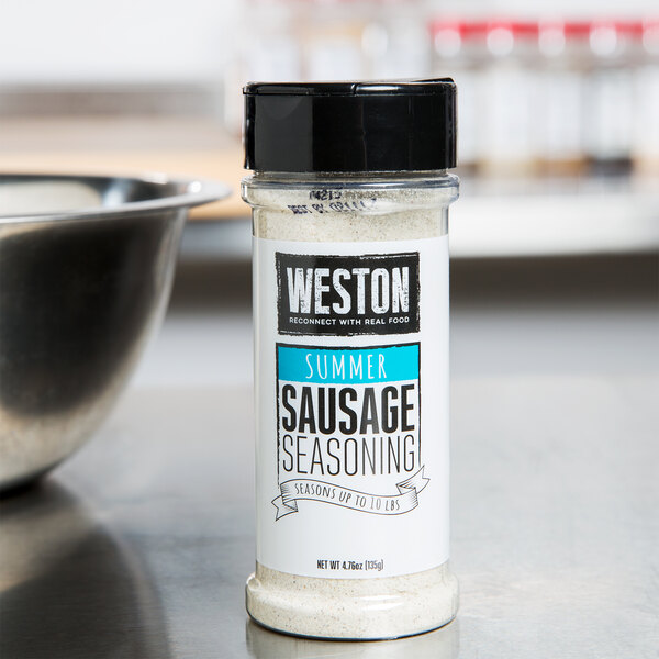 A white Weston seasoning can with black and blue text for Summer Sausage.