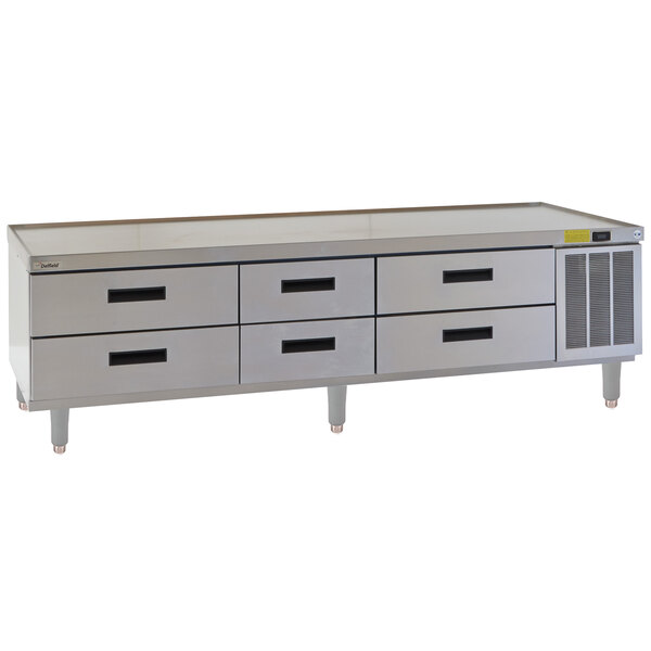 A stainless steel Delfield chef base with six drawers.