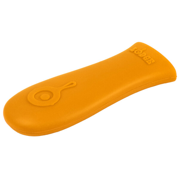 A yellow silicone handle holder for a skillet.