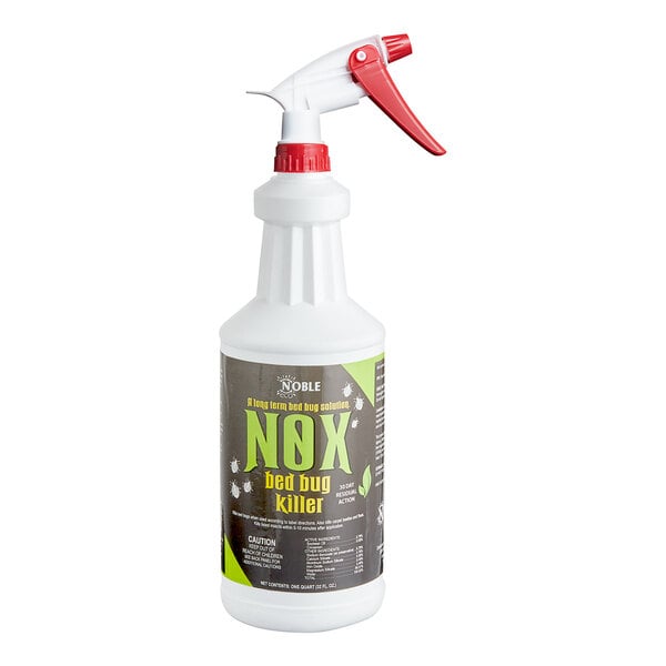 A white bottle of Noble Eco Nox bed bug killer spray with a green label and red sprayer handle.