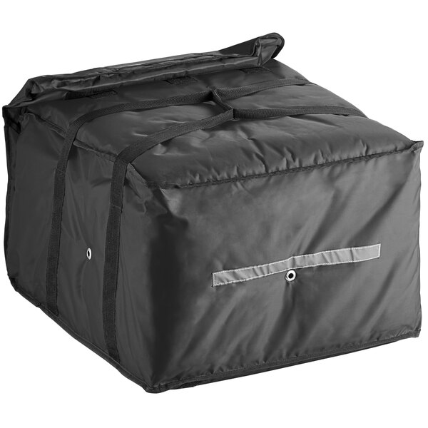 A black ServIt insulated pizza delivery bag with straps and a zipper.