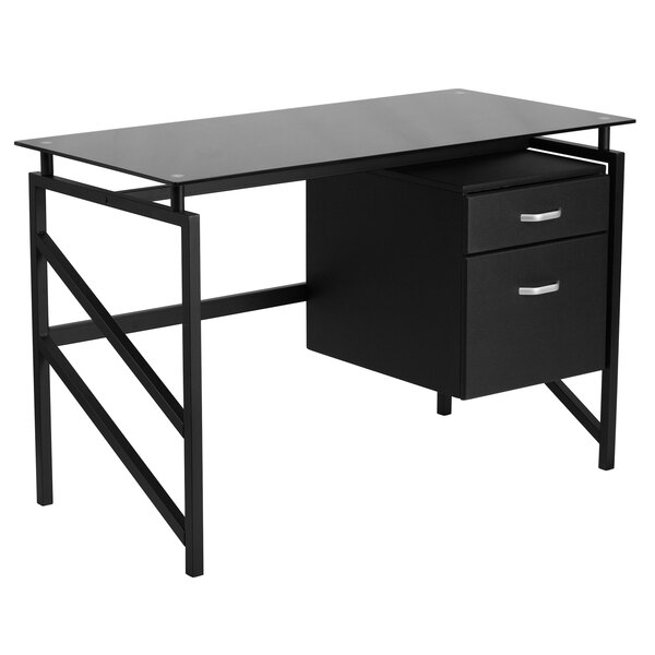 Flash Furniture NAN-WK-036-GG Black Glass Desk with 2 Drawer Pedestal - 46" x 23" x 30"