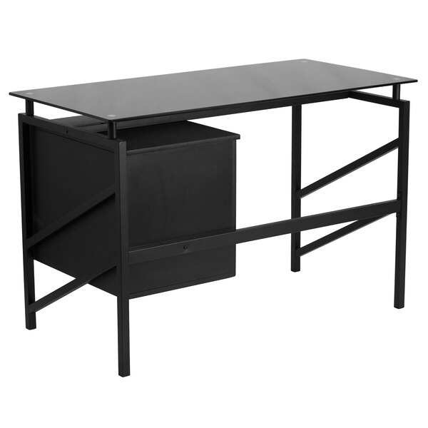 Flash Furniture NANWK036GG Black Glass Desk with 2 Drawer Pedestal