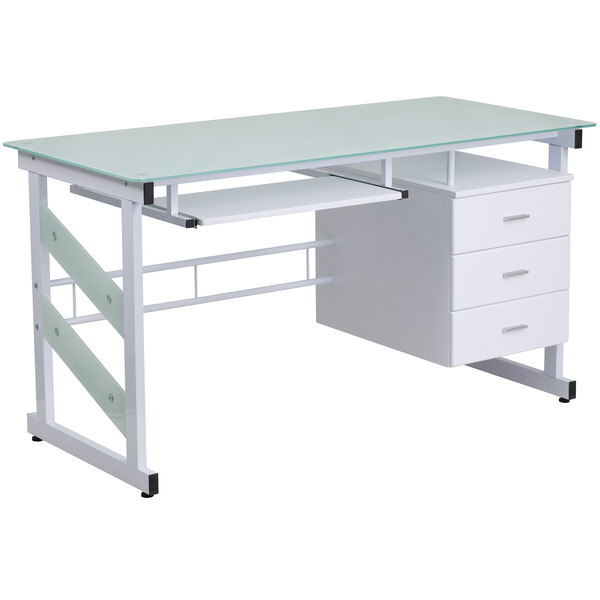 Flash Furniture NAN-WK-017-GG White Tempered Glass Desk with 3 Drawer Pedestal and Keyboard Tray - 55" x 33" x 30"