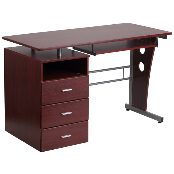 Flash Furniture NAN-WK-008-GG Mahogany Laminate Desk with 3 Drawer Pedestal and Keyboard Tray - 47" x 28" x 30"