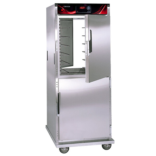A Cres Cor stainless steel hot holding cabinet with solid Dutch doors.