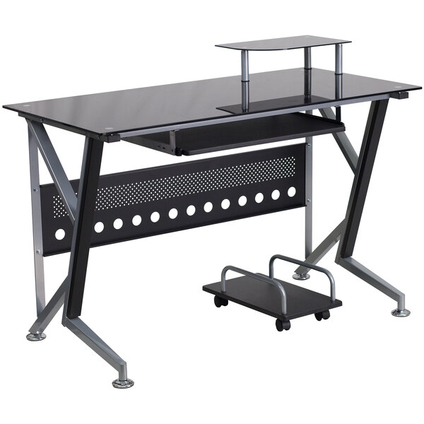Flash Furniture NAN-WK-059-GG Black Glass Desk with Pull-Out Keyboard Tray and CPU Cart - 47" x 28" x 30"