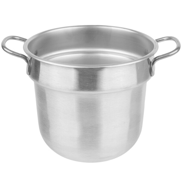 A silver stainless steel Vollrath double boiler inset with two handles.