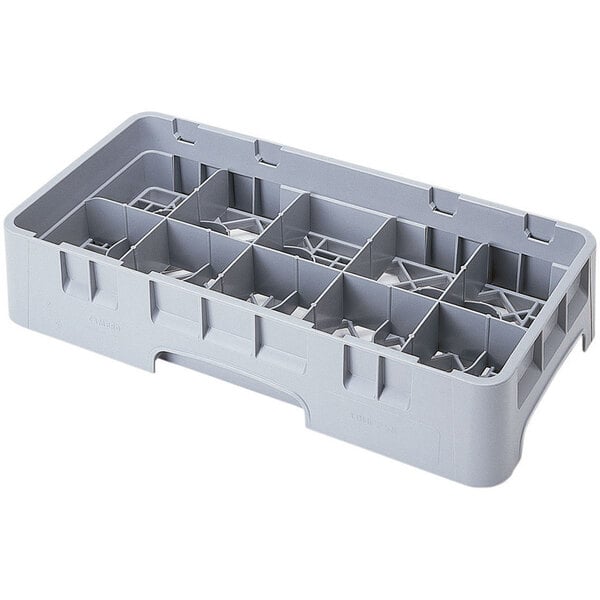 A grey plastic Cambro cup rack with 10 compartments.