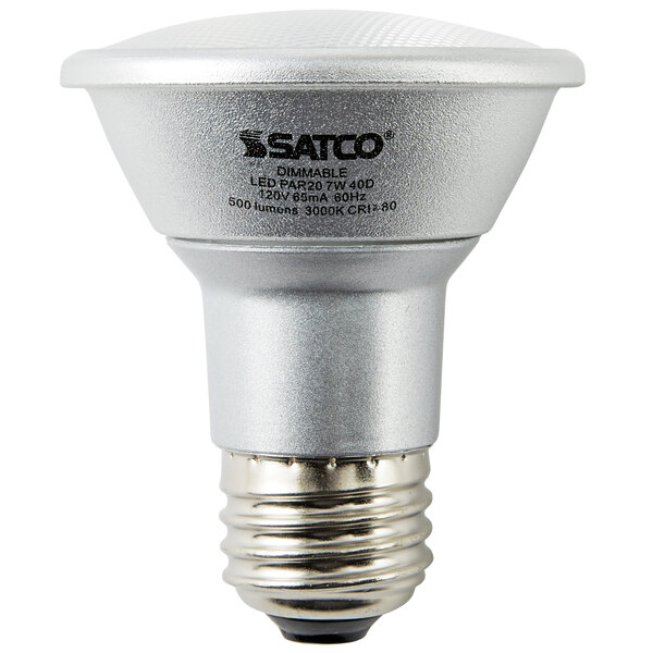 A close up of a Satco LED light bulb with black text on a white background.