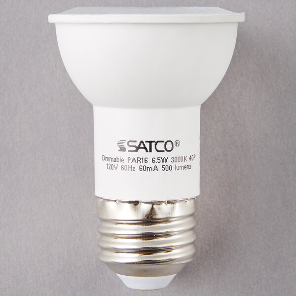 A white Satco LED reflector light bulb with black text on it.