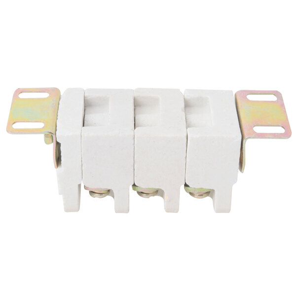 A close-up of a white Avantco terminal block with metal screws.