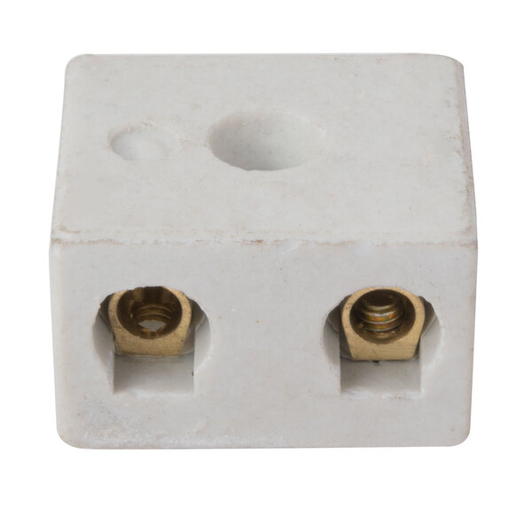 A white square Avantco terminal block with two brass nuts.