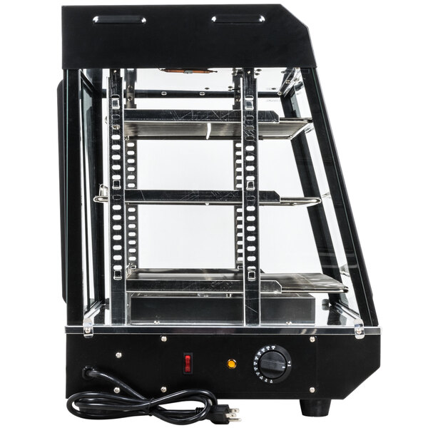 A black Avantco vertical rack guide for a food warmer with a glass door.