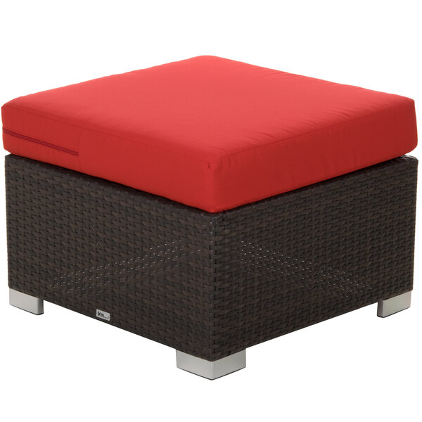 BFM Seating Aruba Java Wicker Ottoman with Logo Red Cushion