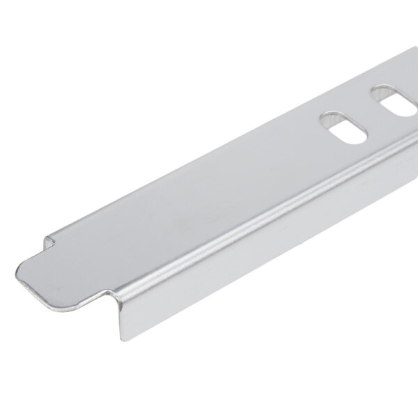 An Avantco vertical rack guide with two holes on a silver metal strip.