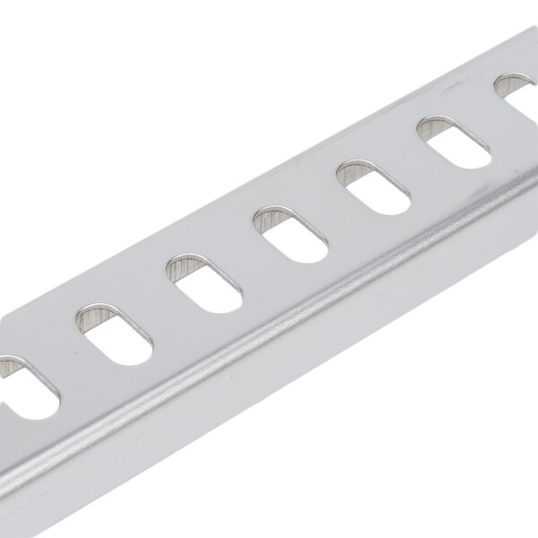 A close up of a silver metal Avantco vertical rack guide with holes.