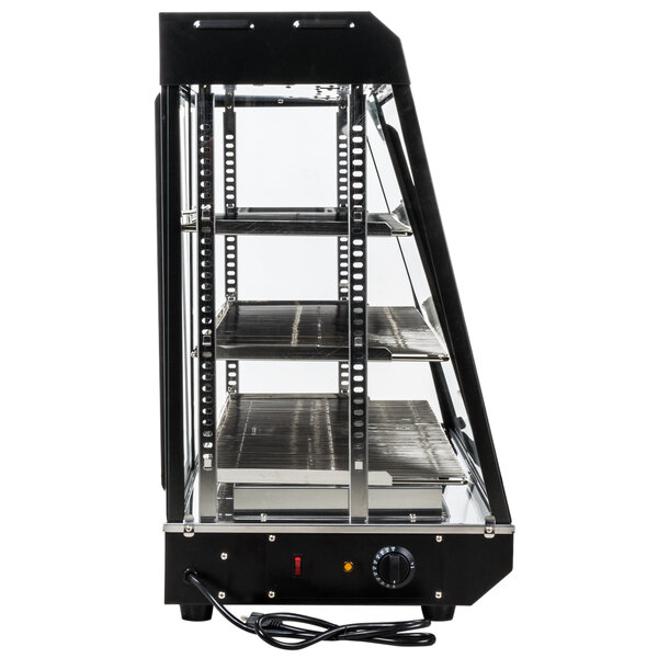 A black Avantco countertop food warmer with metal shelves.