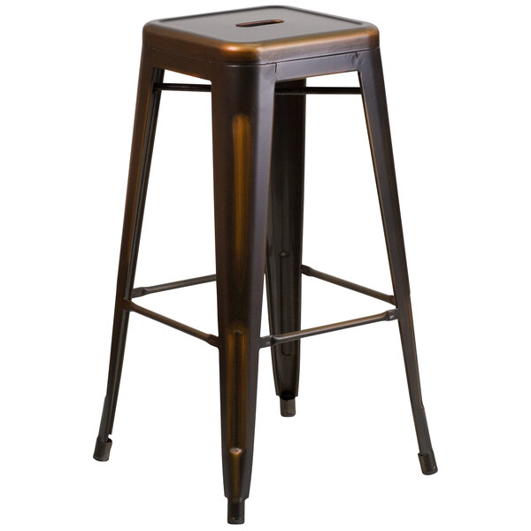 A brown metal Flash Furniture bar stool with a square seat.