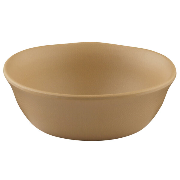 A close-up of a beige Elite Global Solutions round melamine bowl.