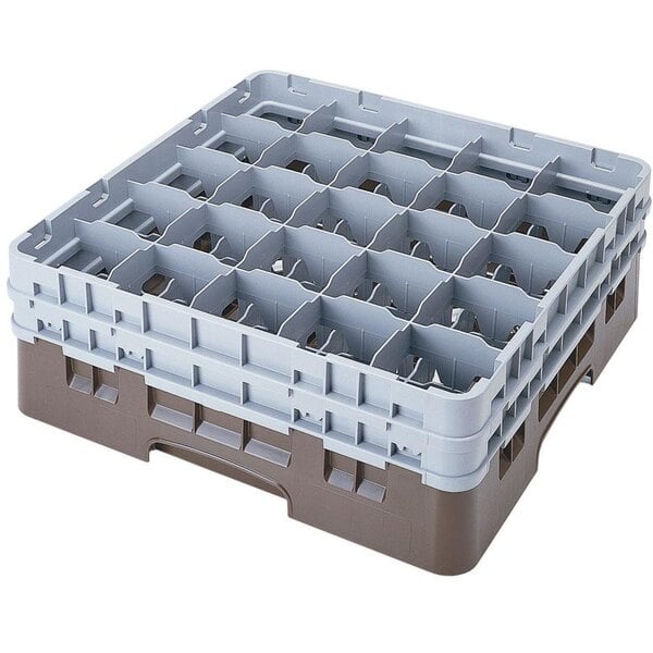 A brown plastic crate with compartments and holes for glasses.