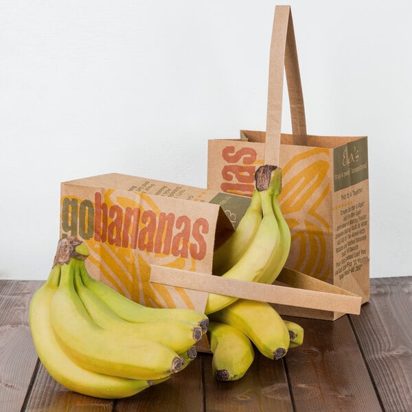 1/2 Peck "Go Bananas - Sophomore" Natural Brown Kraft Paper Produce Market Stand Bag with Handle - 500/Case