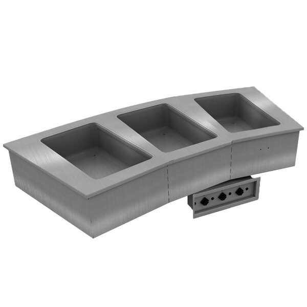 A silver rectangular Delfield drop-in hot food well with three compartments.