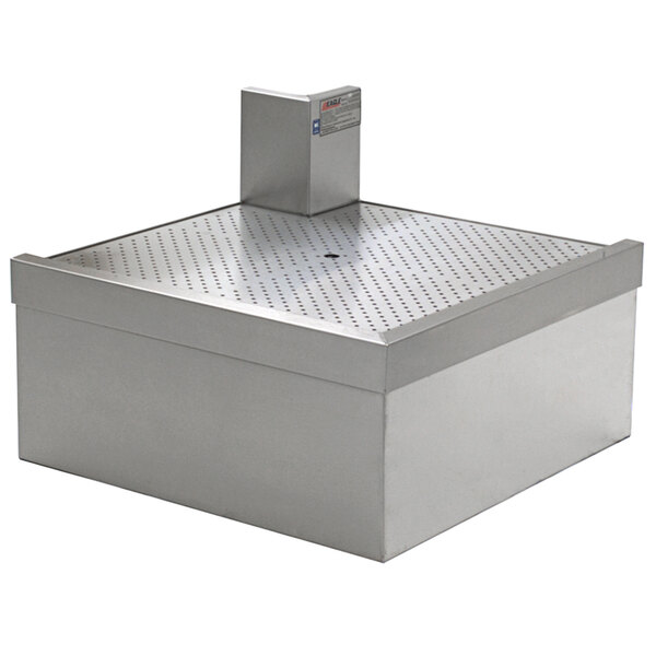 A rectangular stainless steel workboard with a square top and a drain.