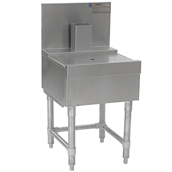 An Eagle Group stainless steel beer drainer with a rectangular drain on top.