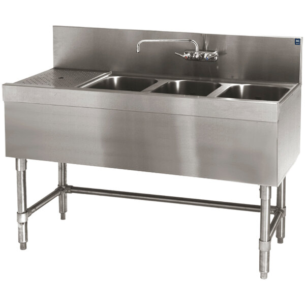 Eagle Group B4-3-L-24 Spec-Bar 48" x 24" 20 Gauge Three Bowl Stainless Steel Underbar Sink with 12" Left Drainboard