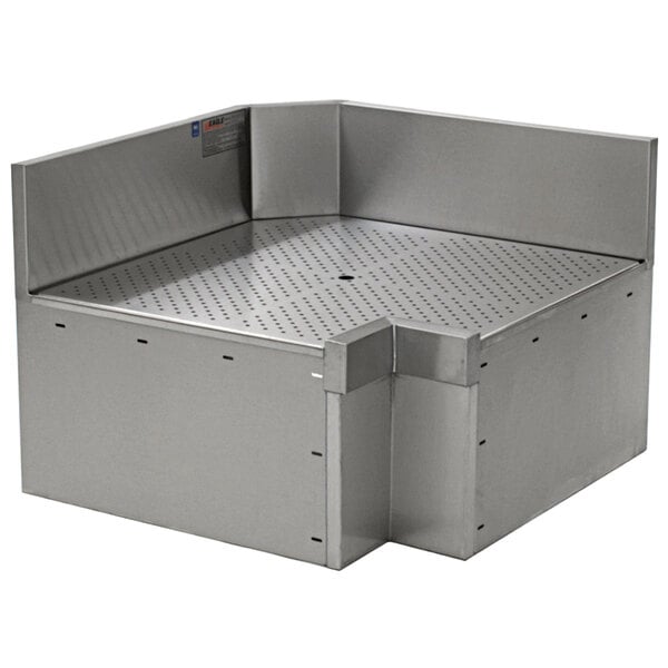 A stainless steel Eagle Group Spec-Bar 45 degree inner corner workboard with holes in a metal counter corner.