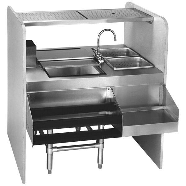 An Eagle Group stainless steel cocktail station with an ice bin on the left.