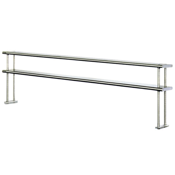 A stainless steel table mounted double overshelf with two metal bars.