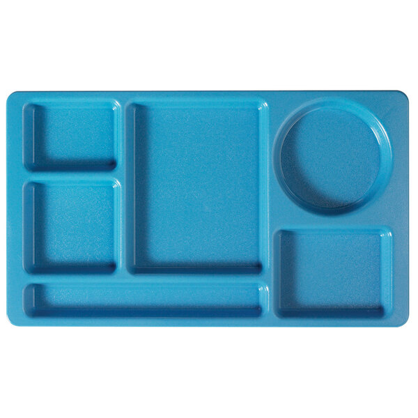 A blue Cambro serving tray with 6 compartments.
