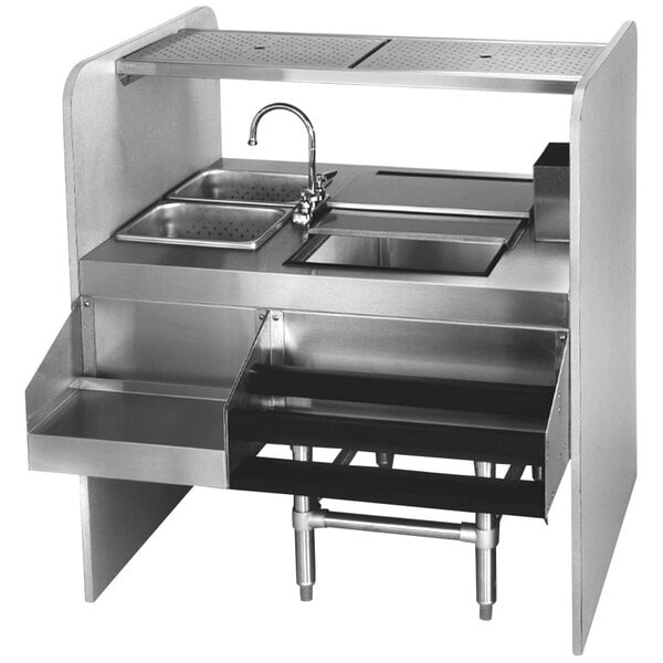 A stainless steel Eagle Group cocktail station with an ice bin on the right.