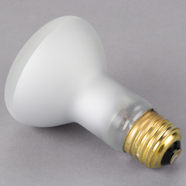 A close-up of a Satco frosted rough service light bulb with gold trim.