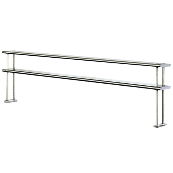 A stainless steel table mounted double overshelf with two metal bars.