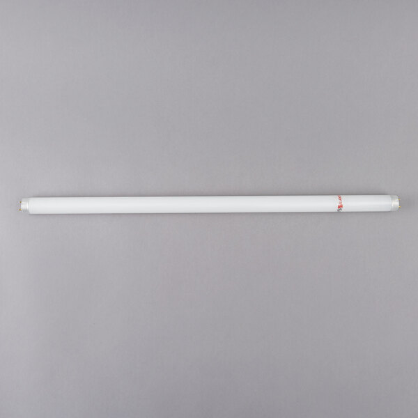 A white Satco T8 fluorescent tube with a red tip.