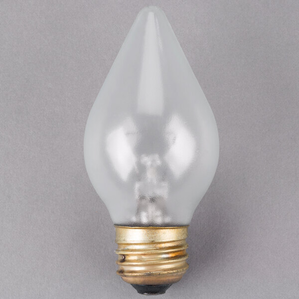 A close-up of a Satco clear decorative incandescent light bulb.