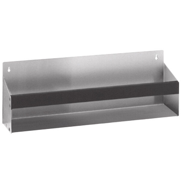 A stainless steel Eagle Group speed rail shelf with black trim on a counter.