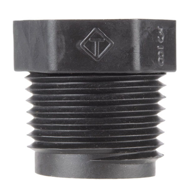 A black plastic pipe fitting with a threaded nut.