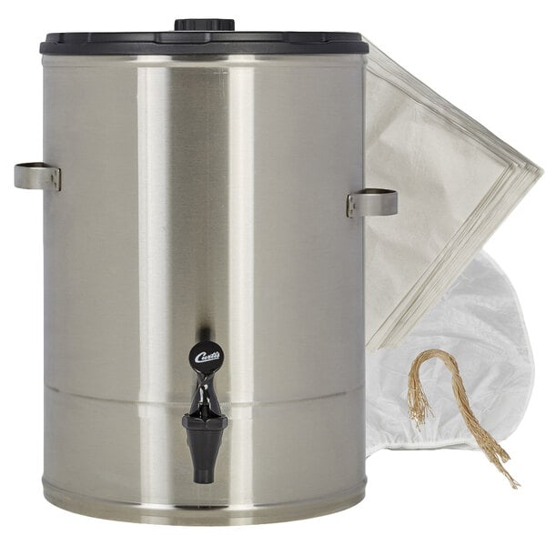 A silver stainless steel Curtis 7 gallon iced coffee dispenser with a black lid and handle.
