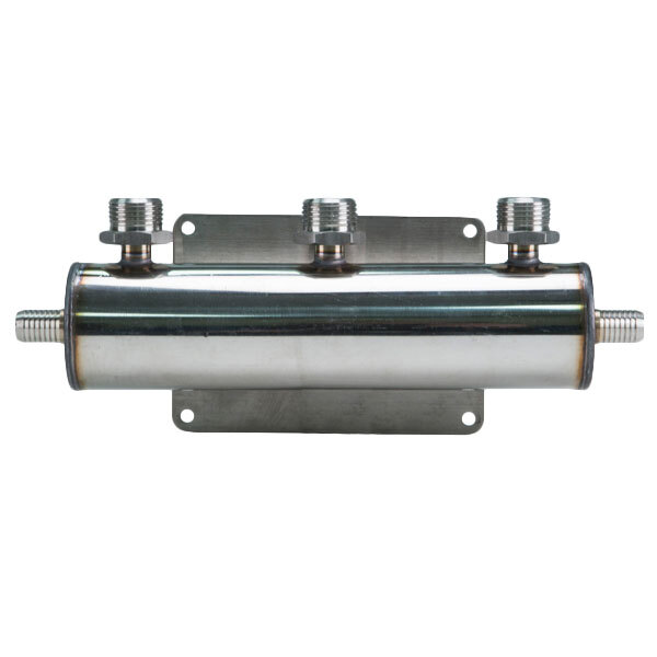 A Micro Matic 3-way stainless steel beer manifold with screws on a metal cylinder.