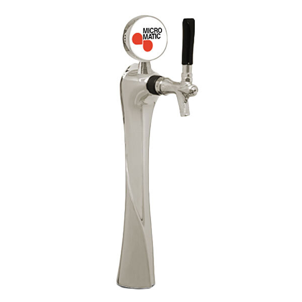 A chrome Micro Matic beer tap with a lighted white circle medallion with red and black text.