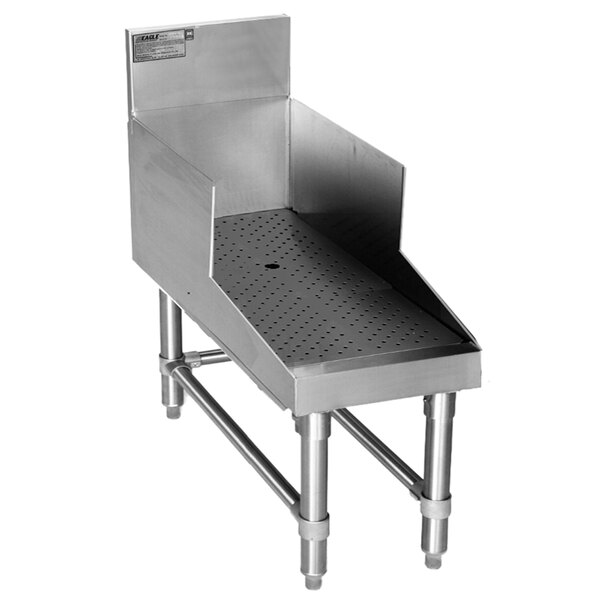 A stainless steel Eagle Group recessed bar drainboard over a metal shelf.