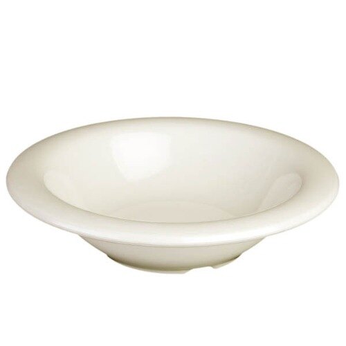 An ivory melamine bowl with a white rim.