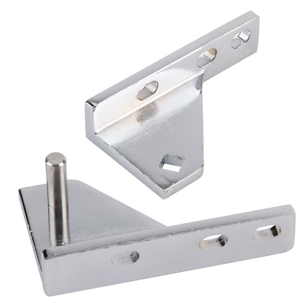 A pair of stainless steel metal brackets with holes on the side.